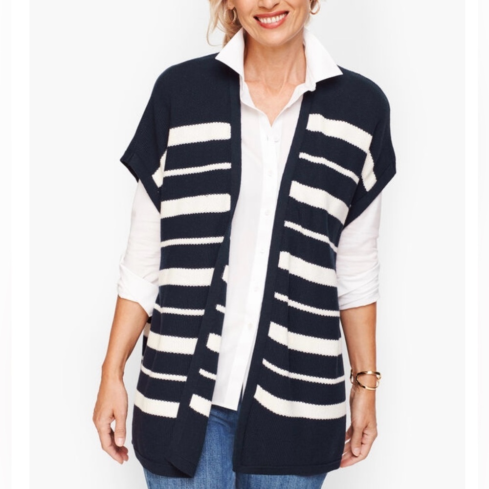 NWOT Talbots Striped Open Vest in Navy/White, size M/L, Oversized Warm Chic